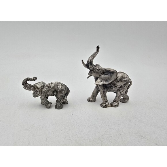 Set Of 2 Pewter Elephant Figurines Trunk Up Miniature 2" - Picture 2 of 8
